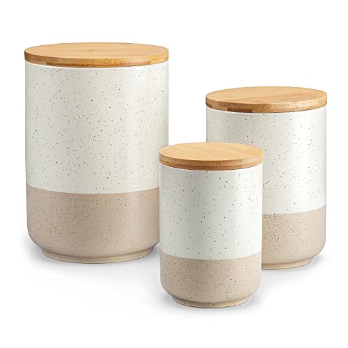 vancasso Sabine Ceramic Canister Set with Airtight Wood Lids - 3-Piece Kitchen Storage for Flour, Sugar, Coffee, Tea & Spices - Modern Countertop Decor