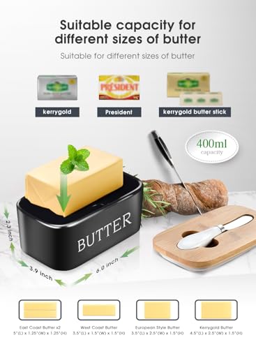 Butter Dish with Lid, Large Butter Dish for Countertop, Ceramic Butter Keeper Container with Knife and High-Quality Silicone Sealing Butter Box for Home Decor Good Kitchen Gift Black