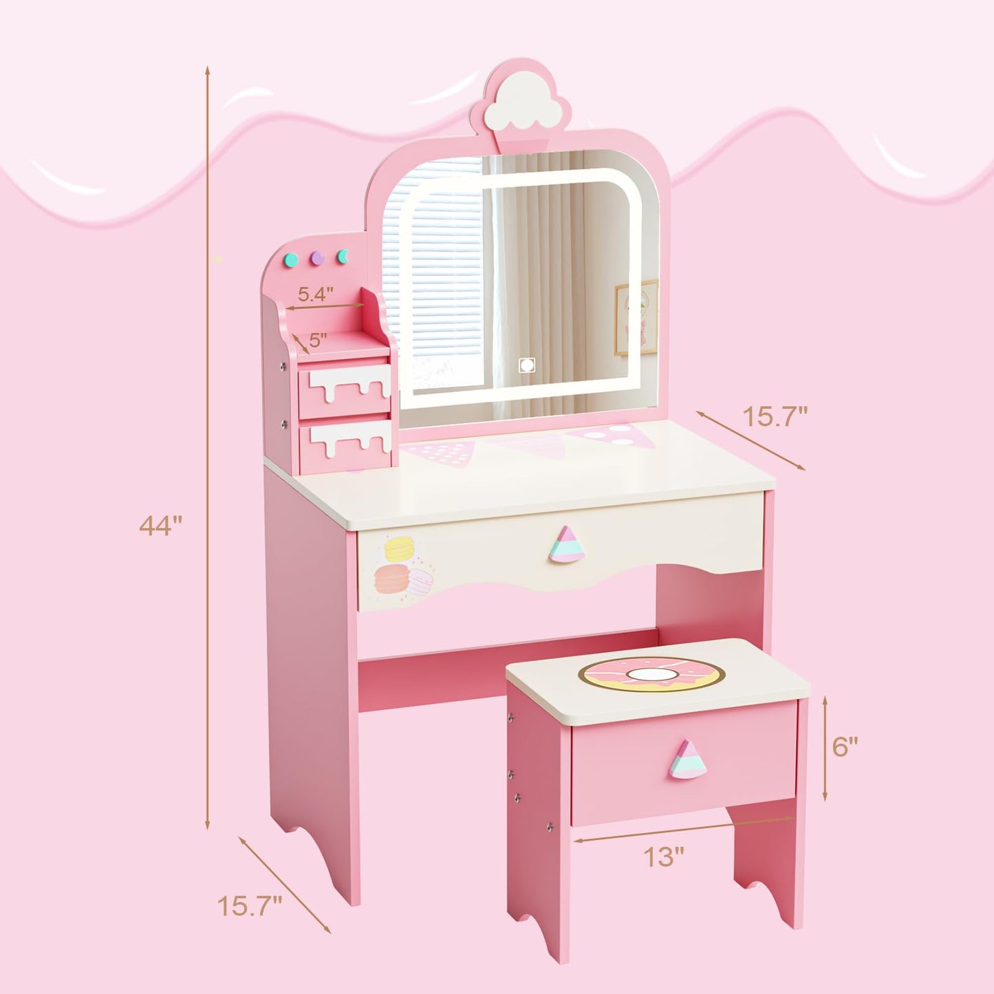 JOYMOR Kids Vanity with Lights, Dessert-Themed Vanity with Cloud-Like LED Light Strip & Drawer, Makeup Desk with Stool for Little Girls Ages 3-8 (Pink)