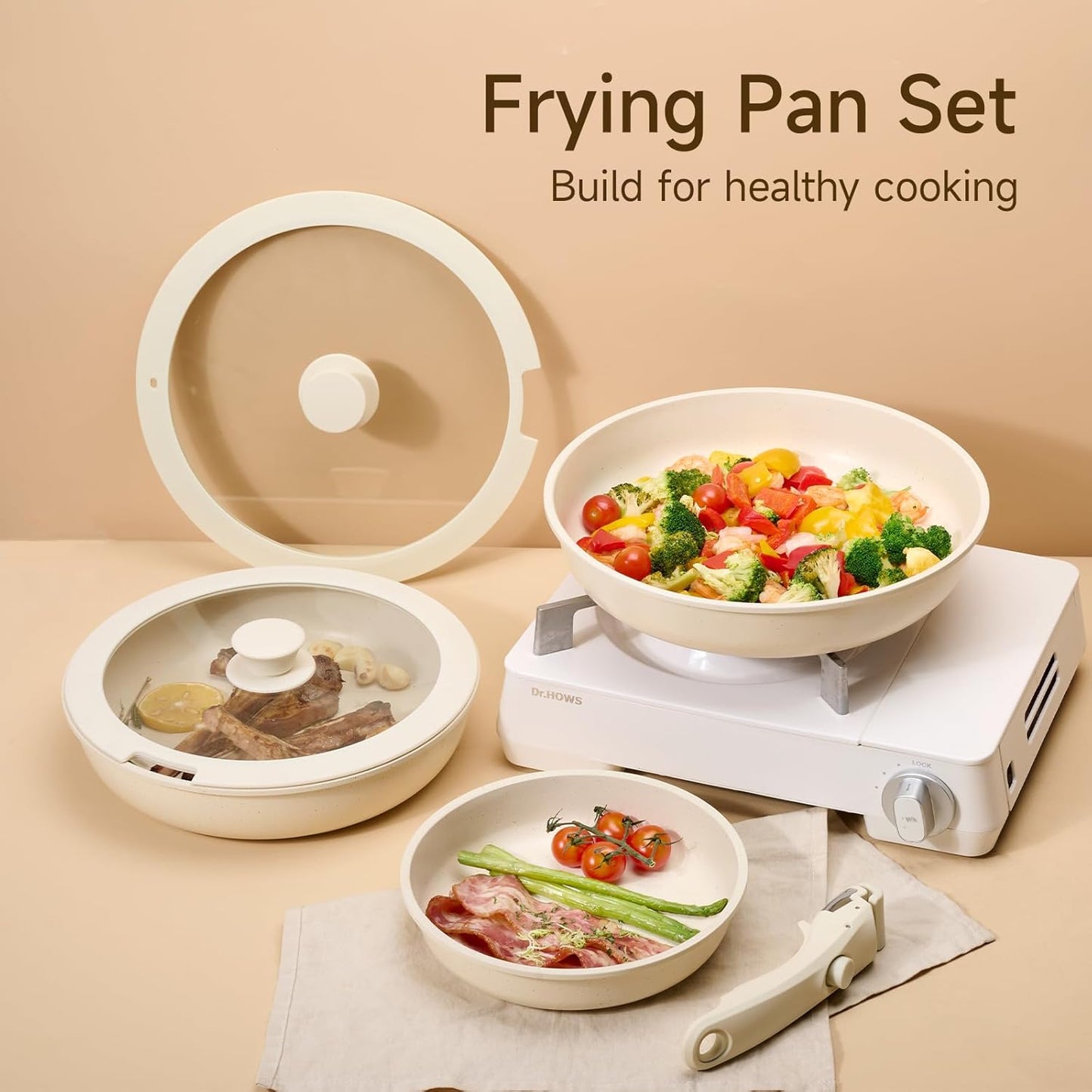 JEETEE Non Stick Frying Pans with lid and Detachable Handle, Frying Pans Set with Removable Handle-8 Inch-9.5 Inch-11 Inch, Oven Safe, PFOA Free, Beige