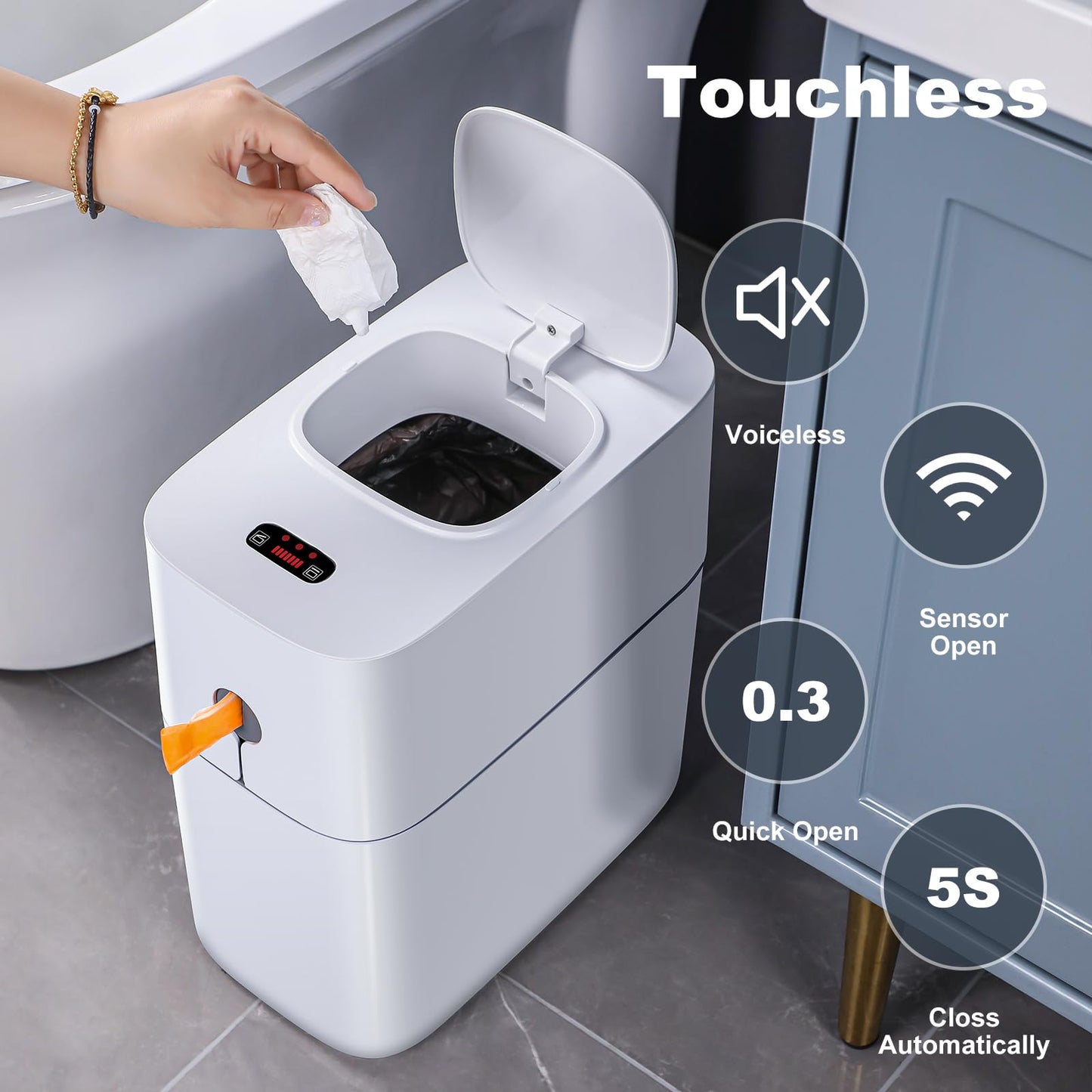 MOPUP Touchless Bathroom Trash Can, Automatic Garbage Can for Bedroom,Office Motion Sensor Trash Bin,3.5 Gallon Dogproof Plastic Slim Wastebasket for Toilet, RV,Living Room, White