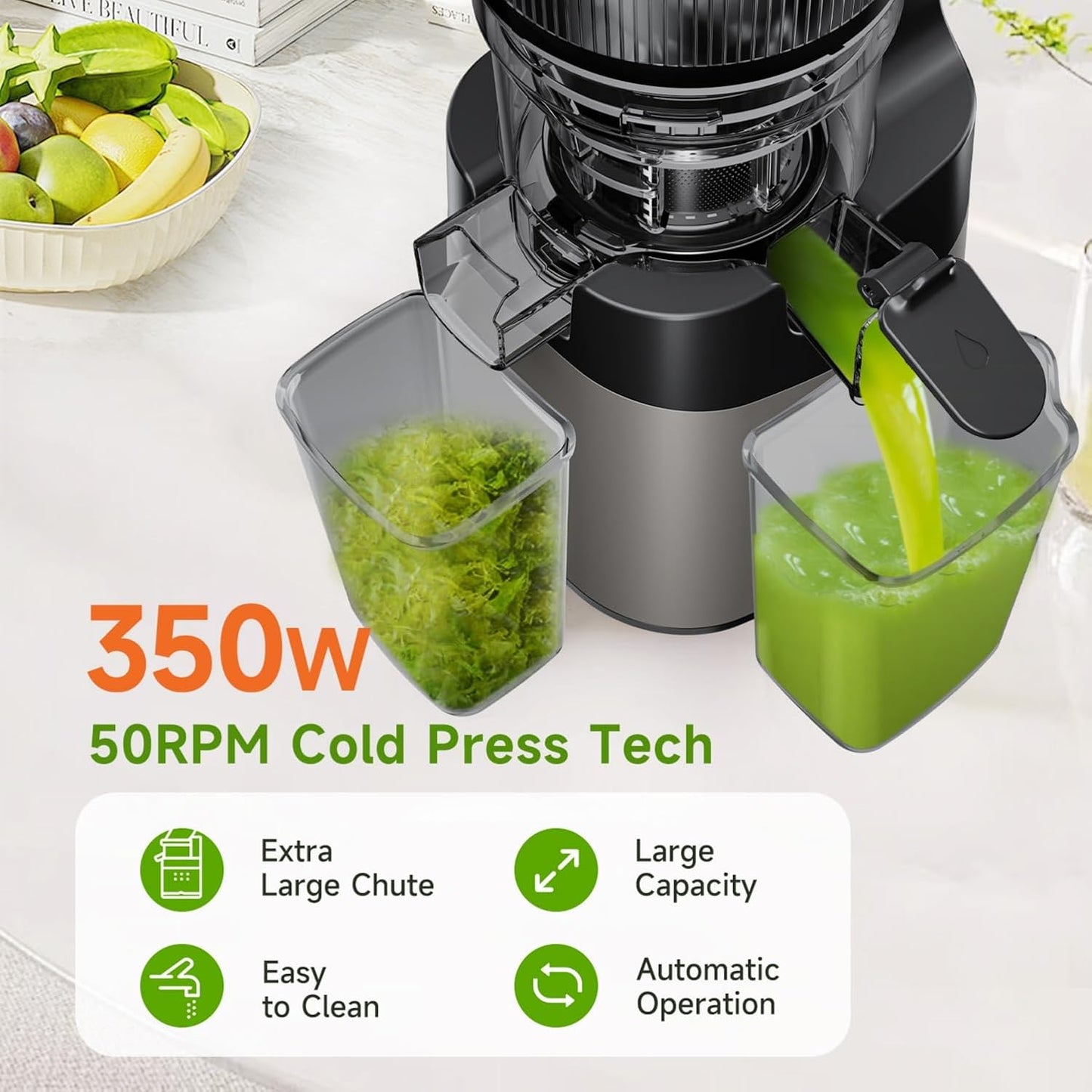 Cold Press Juicer, 5.8" Extra Large Feed Chute Fit Whole Fruits & Vegetables, 350W Slow Masticating Juicer Machines, Easy to Clean, High Juice Yield