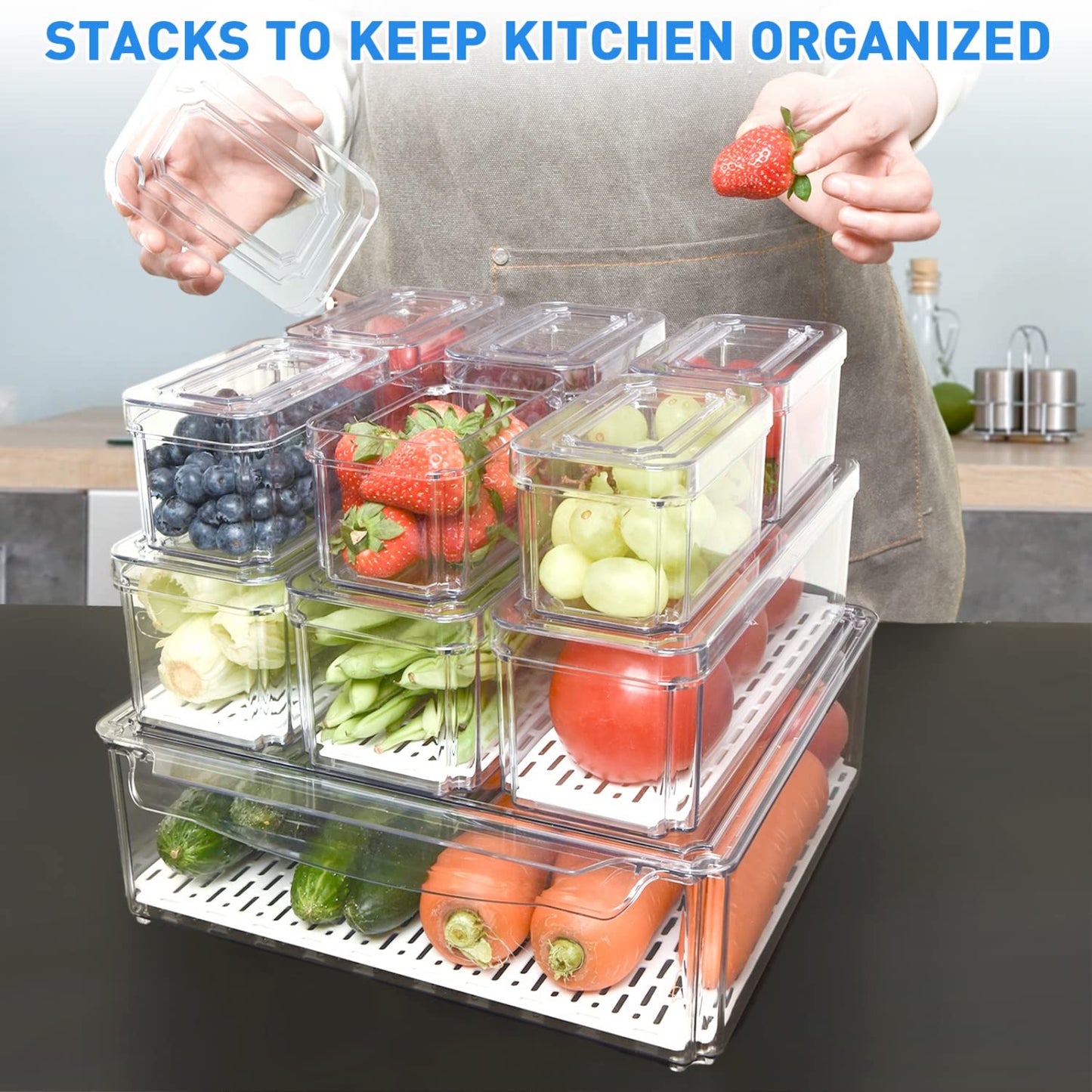 Pomeat 10 Pack Fridge Organizer, Stackable Refrigerator Bins with Lids, BPA-Free Produce Fruit Storage Containers for Fridge, Clear for Food, Drinks, Vegetable