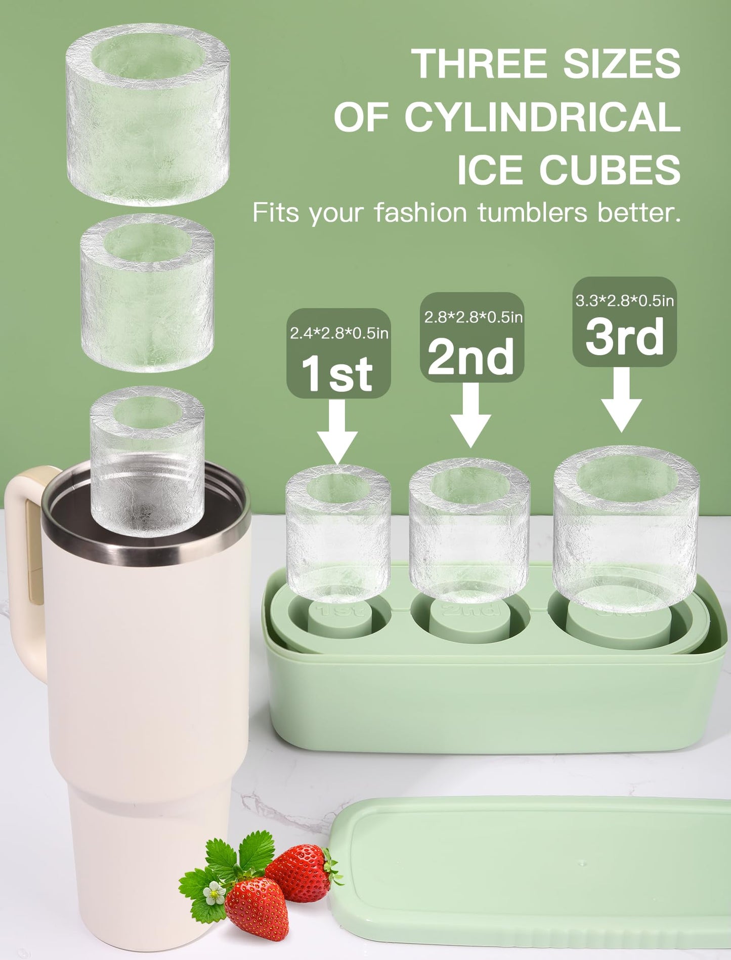 Ice Cube Tray for Tumbler Cup 30Oz-40Oz, 3 Pcs Silicone Cylinder Ice Mold with Lid and Bin for Freezer, Easy Fill and Release Ice Maker for Whiskey, Cocktail BPA-Free