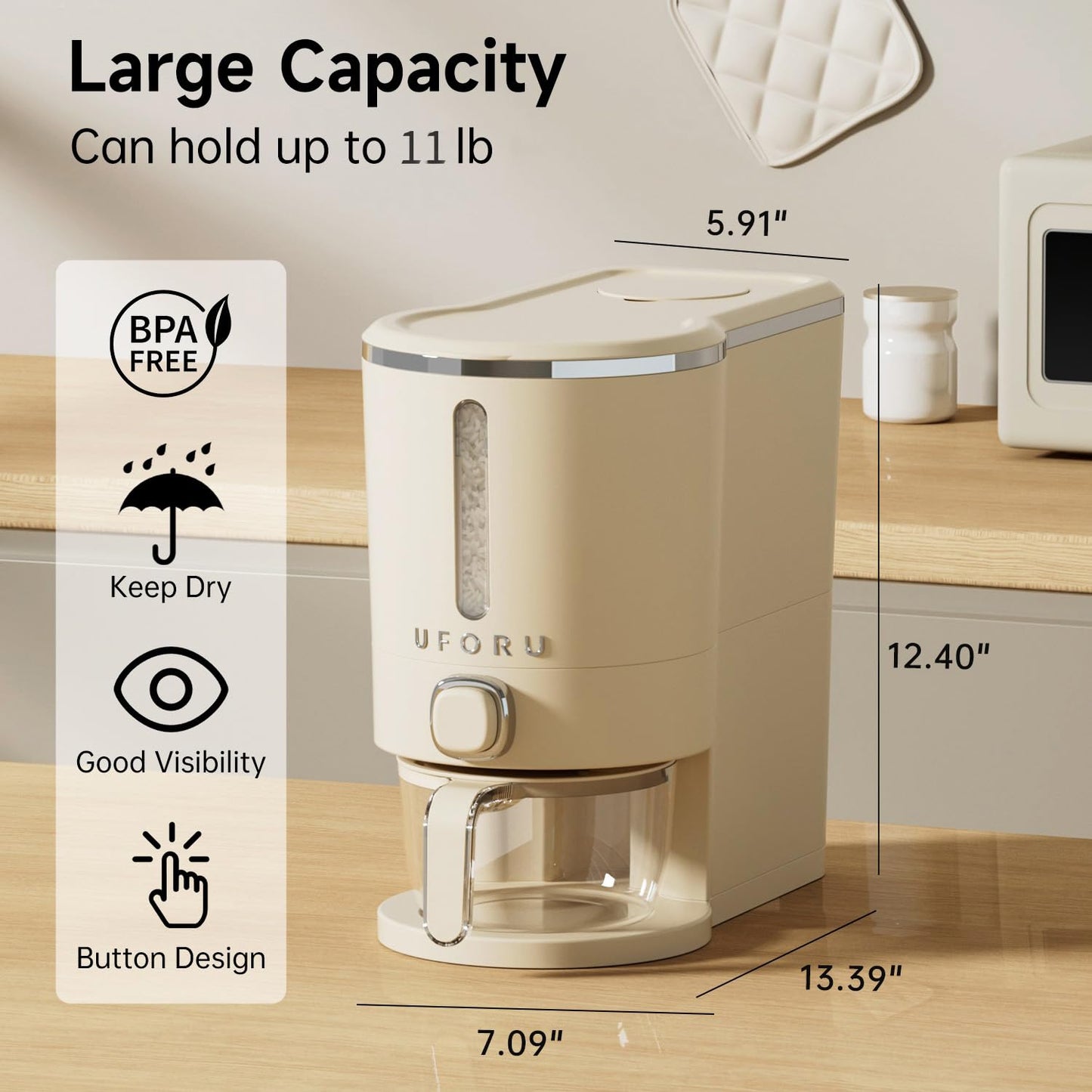 UFORU Rice Dispenser, Rice Storage Container with Measuring Cup for Kitchen Pantry Household, Cereal Dry Food Storage Containers Airtight, Sealed Moisture Proof, 11 Lbs
