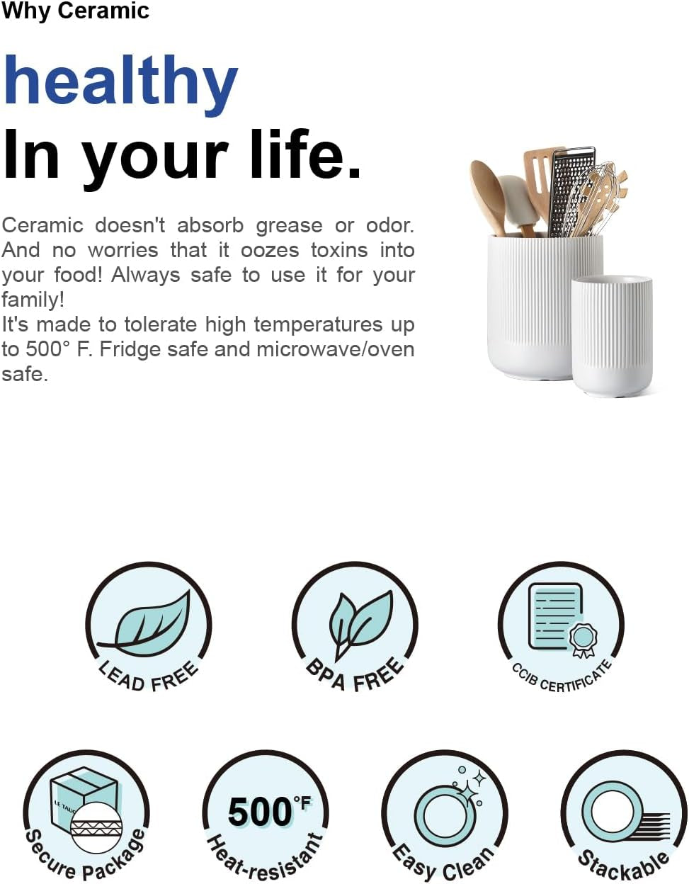 Utensil Holder, 7.3"+5.4" Ceramic Kitchen Utensil Holder for Countertop, Large Cooking Utensil Crocks for Kitchen Counter Decor, Morden Utensil Organizer for Spatula, Set of 2, White