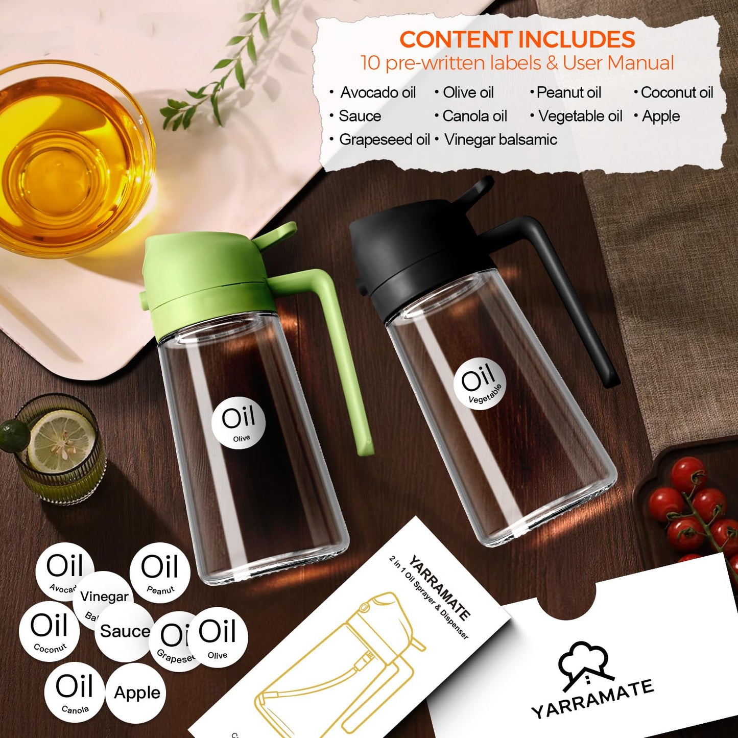 YARRAMATE 16oz/470ml Oil Sprayer for Cooking with Stickers, Food-grade Premium 2 in 1 Olive Oil Dispenser Bottle for Kitchen Gadgets, Air Fryer, Salad, Frying, BBQ (Black)