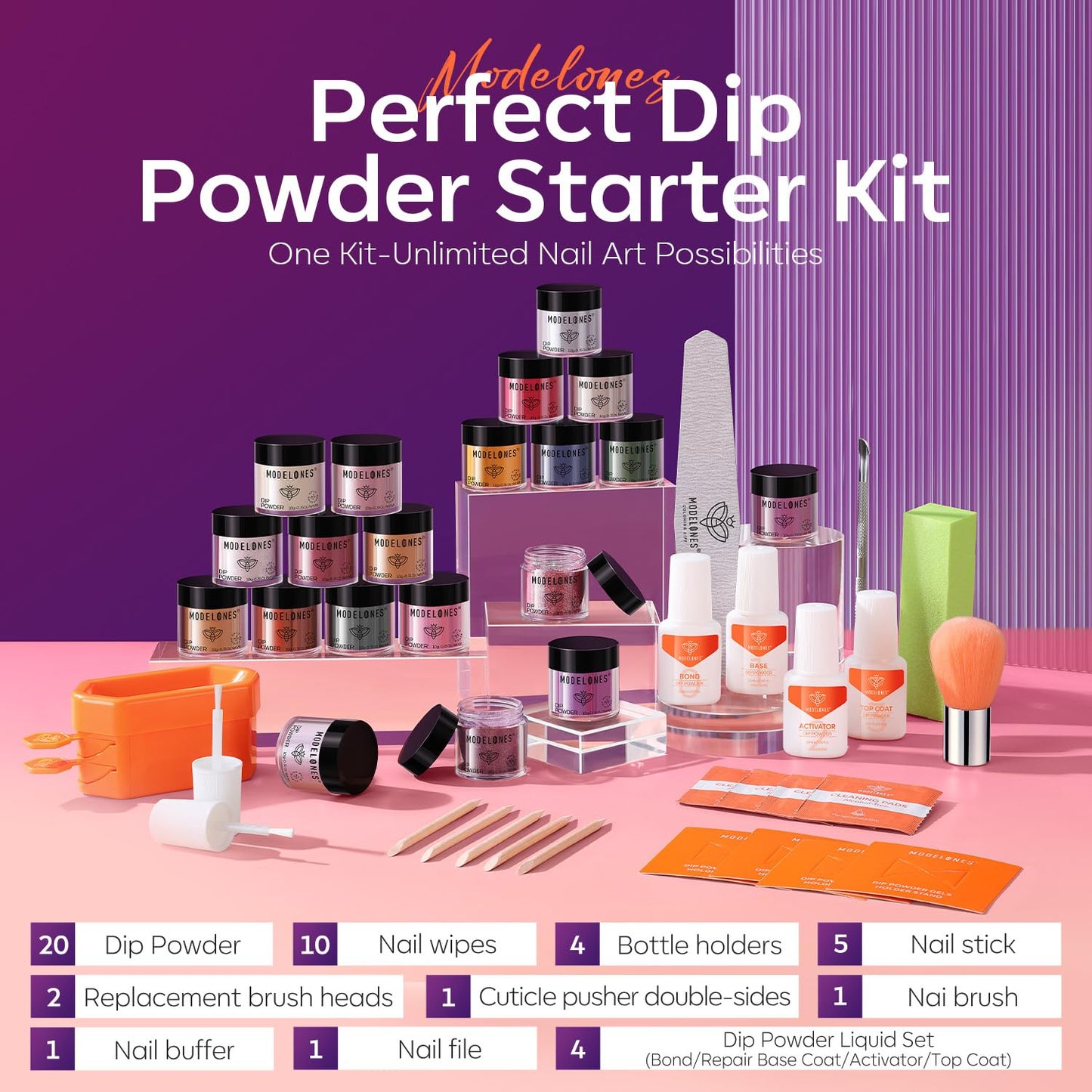 Modelones Dip Powder Nail Kit Starter, 20 Colors Purple Pink Orange Blue Dipping Powder Liquid Set Base&Top Activator for French Nail Art Salon DIY Kit