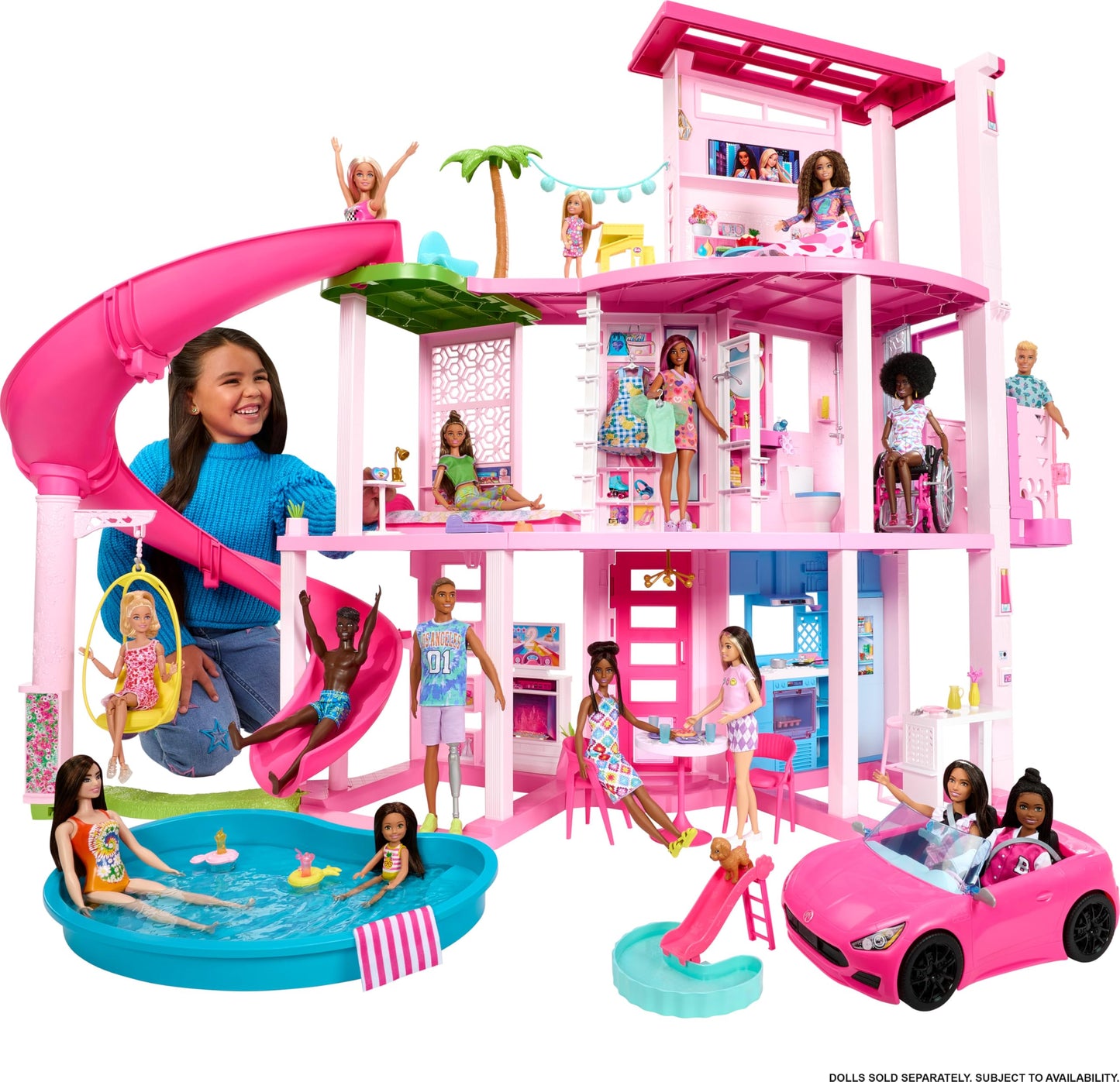 Barbie Dreamhouse, Pool Party Doll House with 75+ Pieces and 3-Story Slide, House Playset, Pet Elevator and Puppy Play Areas