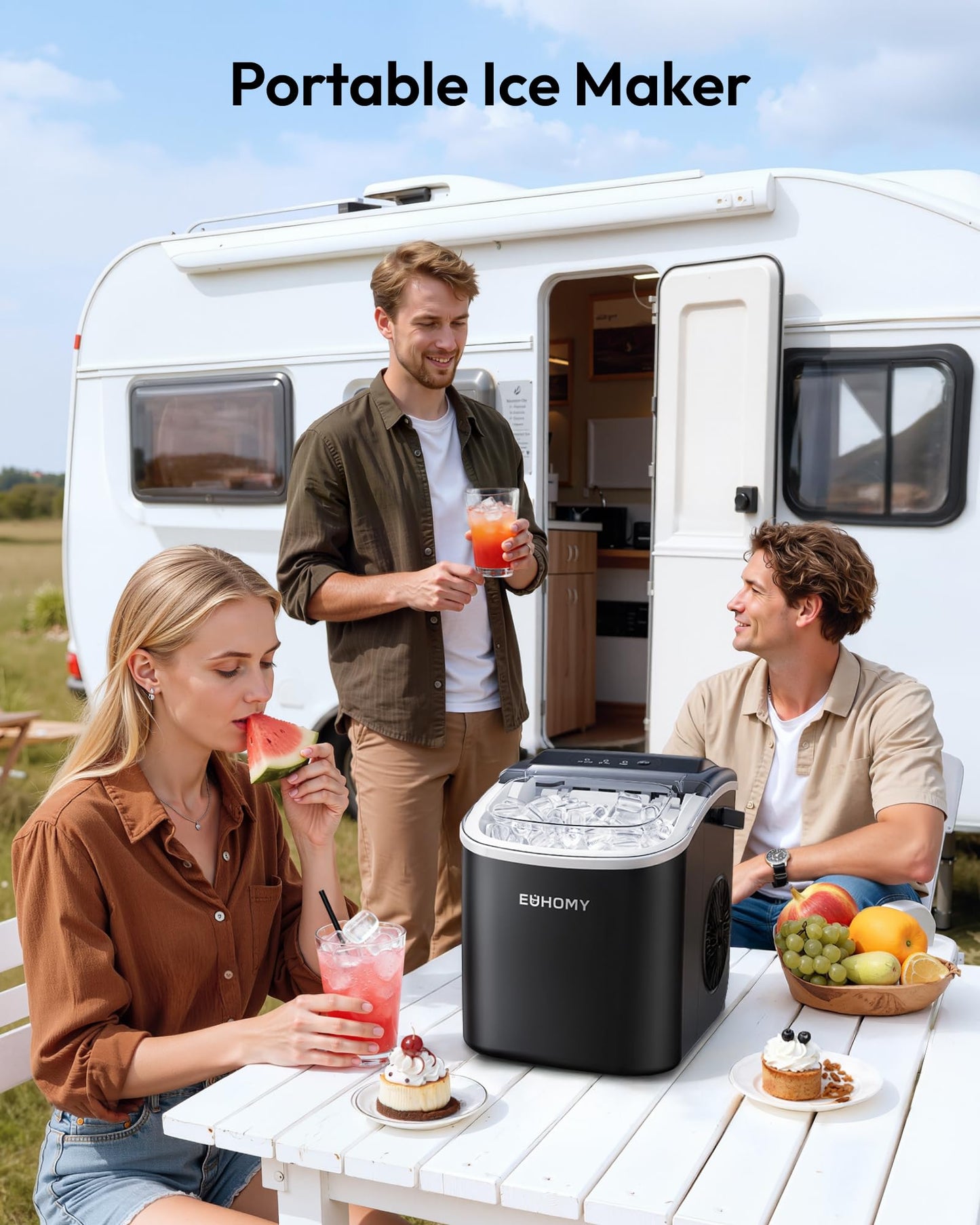 EUHOMY Countertop Ice Maker Machine with Handle, 26lbs in 24Hrs, 9 Ice Cubes Ready in 6 Mins, Auto-Cleaning Portable Ice Maker with Basket and Scoop, for Home/Kitchen/Camping/RV. (Black)