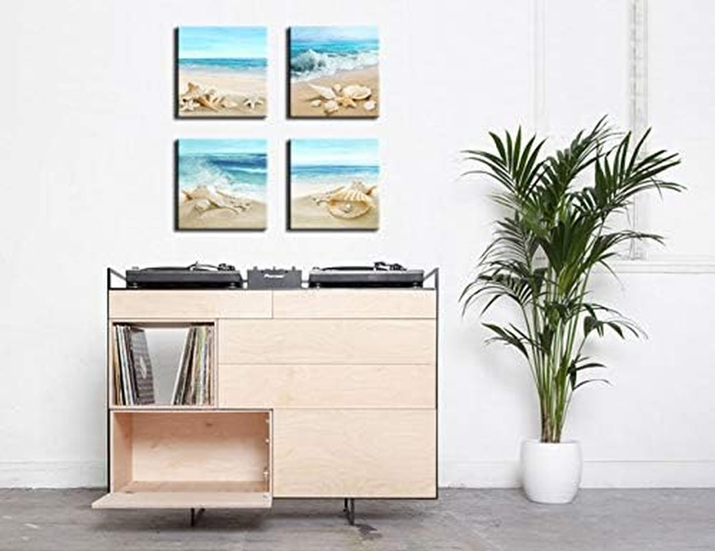 Canvas Wall Art Ocean Decor Beach Seashell Starfish Nature Picture Blue Canvas Artwork Turquoise Contemporary Wall Art for Bathroom Bedroom Living Room Office Kitchen Wall Decor 16" X 16" X 4 Pieces