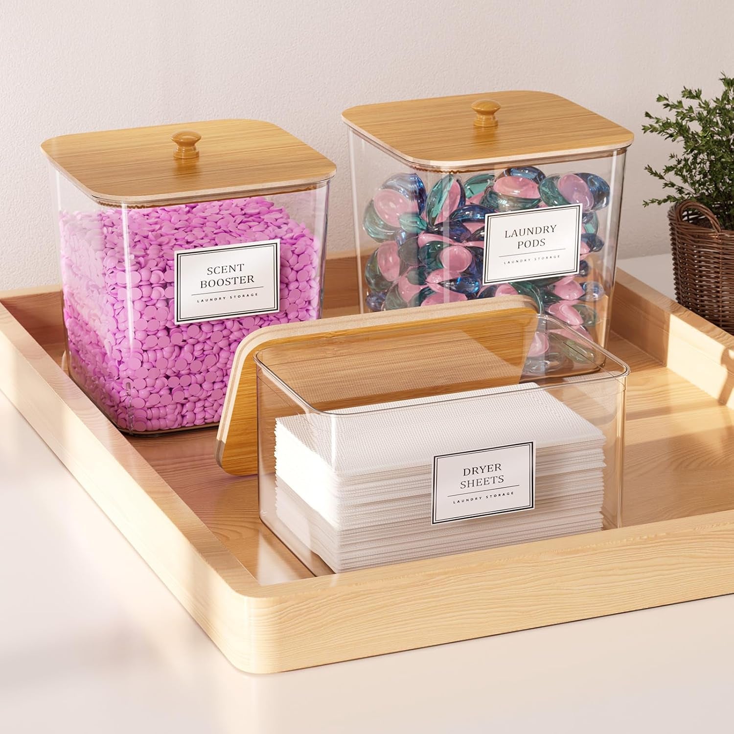 Laundry Pods Storage Container, Clear Laundry Room Organization and Storage ,Detergent Powder Container,With Wooden Lids & Labels, 3+1 Pack