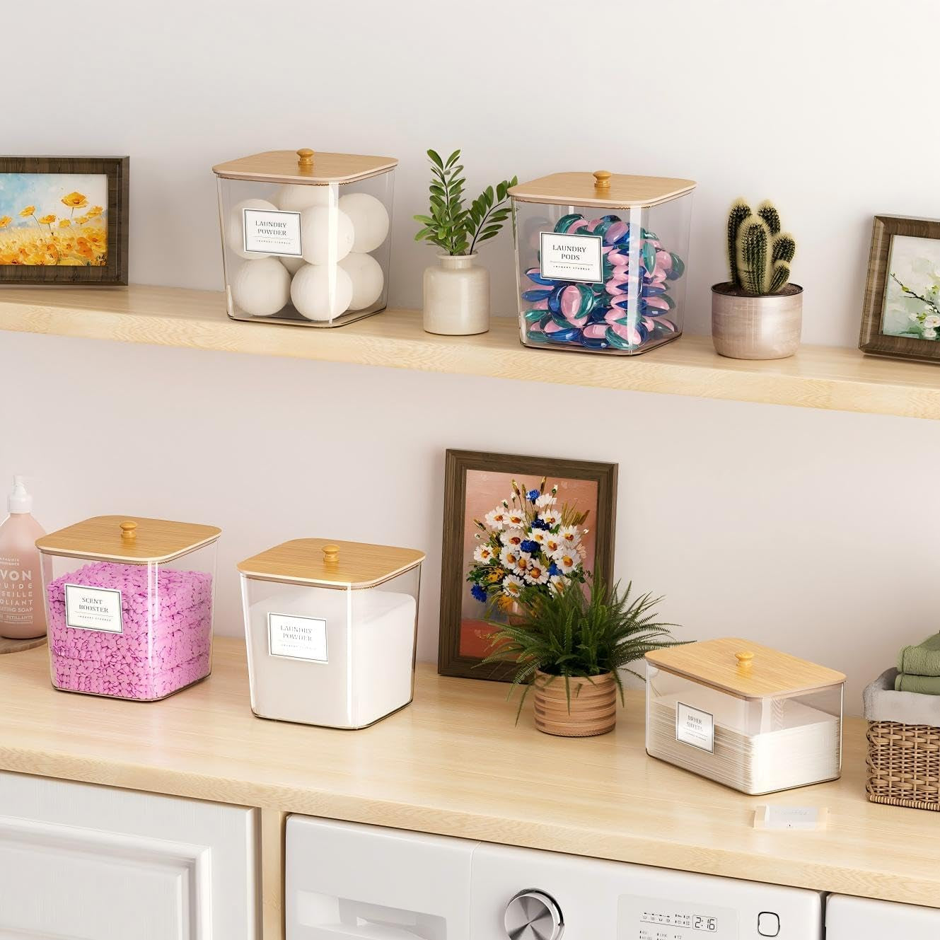 Laundry Pods Storage Container, Clear Laundry Room Organization and Storage ,Detergent Powder Container,With Wooden Lids & Labels, 3+1 Pack