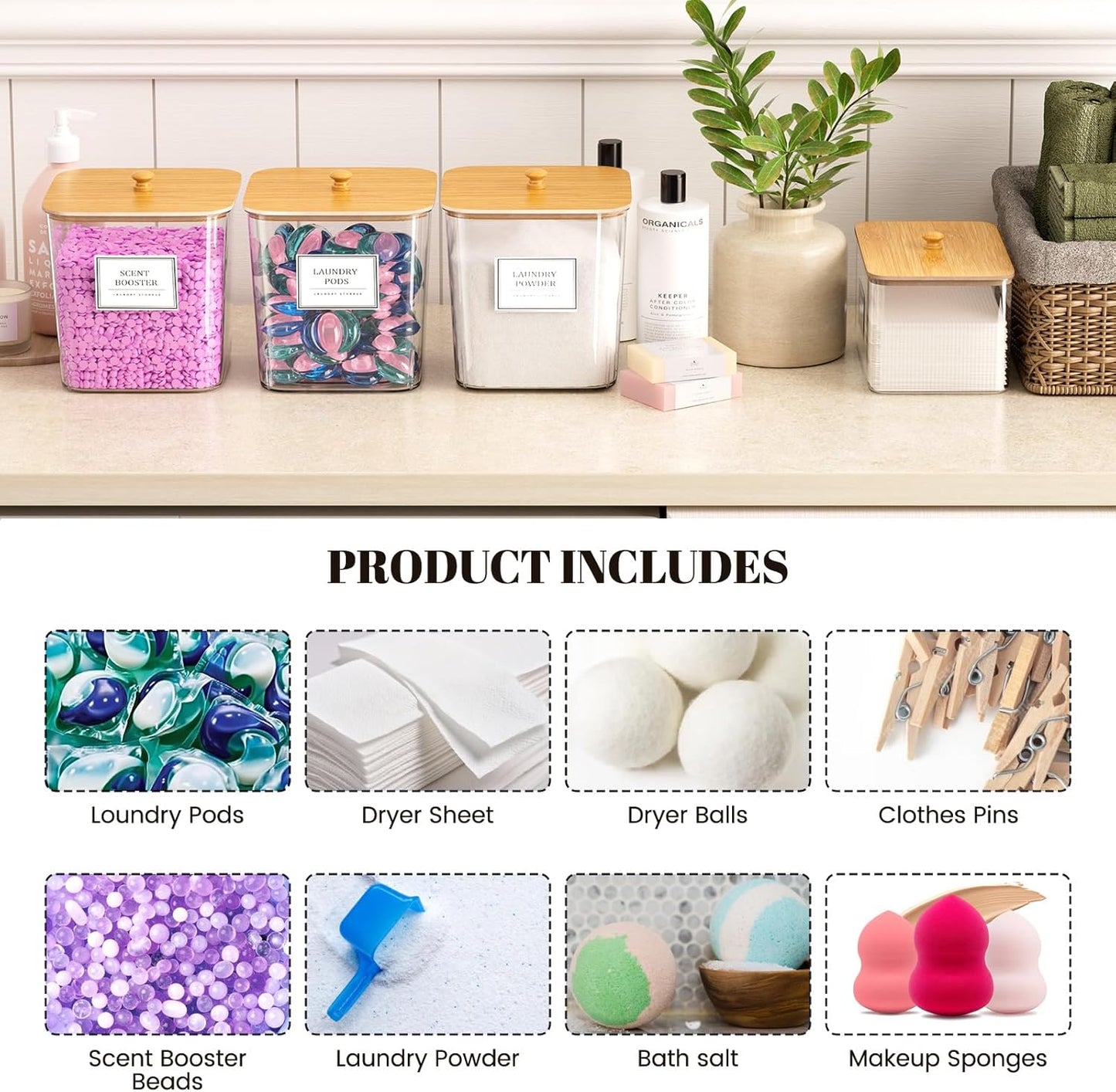 Laundry Pods Storage Container, Clear Laundry Room Organization and Storage ,Detergent Powder Container,With Wooden Lids & Labels, 3+1 Pack