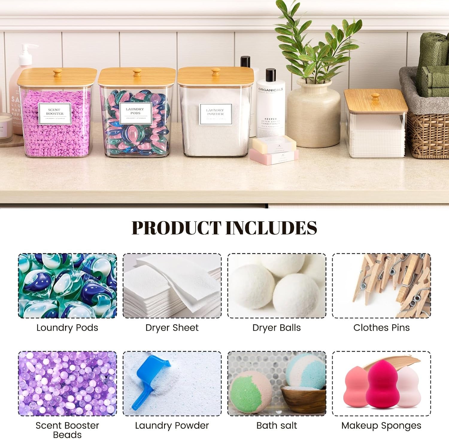 Laundry Pods Storage Container, Clear Laundry Room Organization and Storage ,Detergent Powder Container,With Wooden Lids & Labels, 3+1 Pack