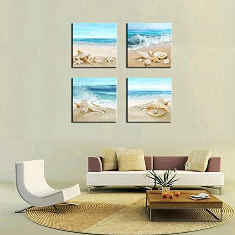 Canvas Wall Art Ocean Decor Beach Seashell Starfish Nature Picture Blue Canvas Artwork Turquoise Contemporary Wall Art for Bathroom Bedroom Living Room Office Kitchen Wall Decor 16" X 16" X 4 Pieces