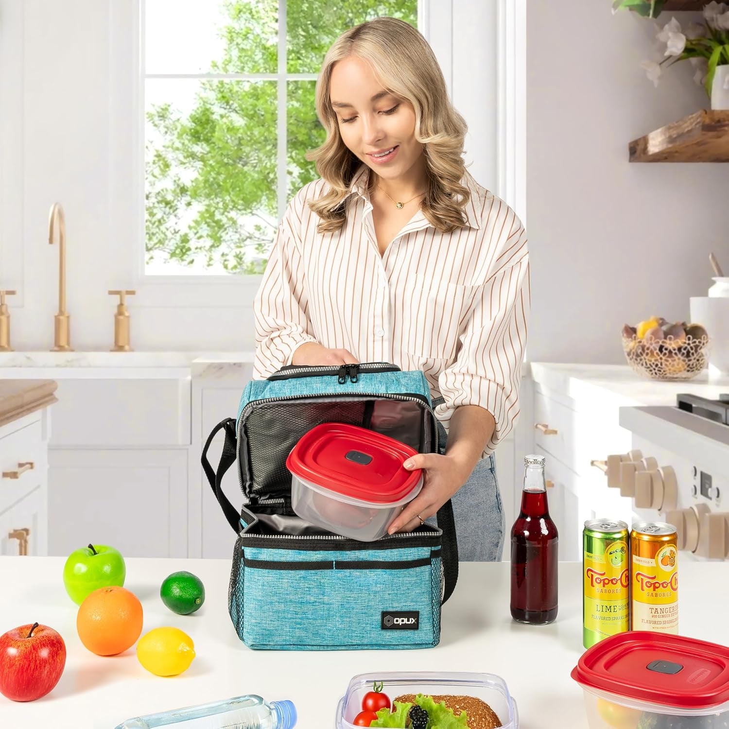 Lunch Box for Men Women, Insulated Large Lunch Bag Adult Work, Double Decker Lunchbox Meal Prep Dual Compartment Leakproof Lunch Cooler,Soft Lunch Tote Boys Girls Kids School, Aqua Turquoise 12L