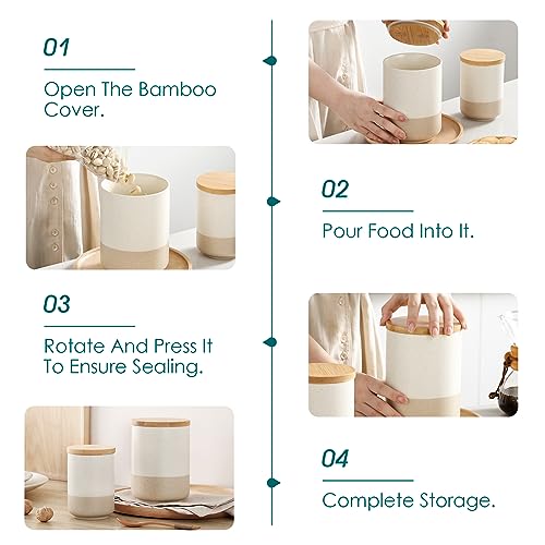 vancasso Sabine Ceramic Canister Set with Airtight Wood Lids - 3-Piece Kitchen Storage for Flour, Sugar, Coffee, Tea & Spices - Modern Countertop Decor