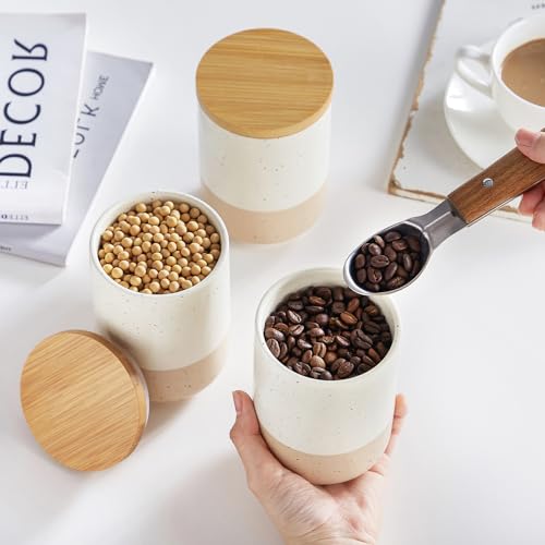 vancasso Sabine Ceramic Canister Set with Airtight Wood Lids - 3-Piece Kitchen Storage for Flour, Sugar, Coffee, Tea & Spices - Modern Countertop Decor