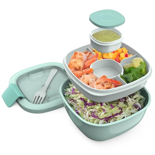 Bentgo Salad Container - 54 oz Bowl with 4-Compartment Toppings Tray, Leak-Proof Dressing Container, Reusable Fork, BPA-Free Lunch Box for Meal Prep & Food Storage; Removable Bento Tray (Slate)