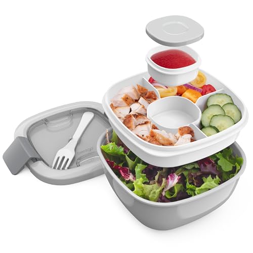 Bentgo Salad Container - 54 oz Bowl with 4-Compartment Toppings Tray, Leak-Proof Dressing Container, Reusable Fork, BPA-Free Lunch Box for Meal Prep & Food Storage; Removable Bento Tray (Slate)