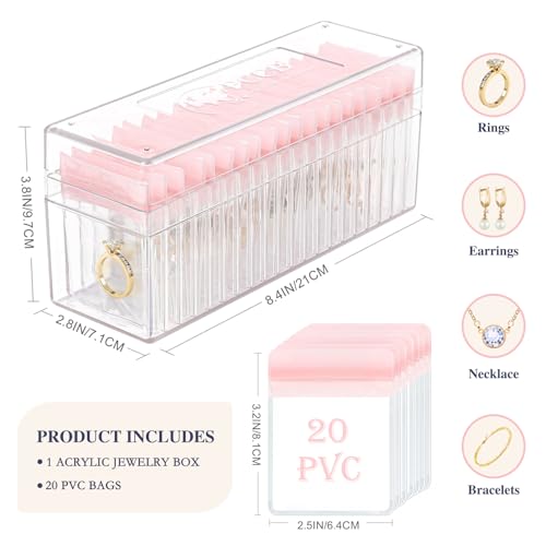 Acrylic Jewelry Box Organizer, Clear Jewelry Organizer and Storage with 20 Portable Anti Tarnish Jewelry bags, Travel Jewelry Case for Earrings/Rings/Necklaces Gifts for Women Girls, Clear