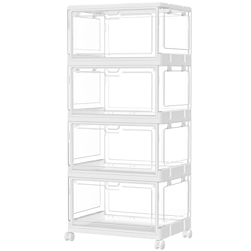 4 Tier Plastic Storage Bins with Lid 23QT, Stackable Storage Containers with Wheels, Folding Storage Boxes, Stackable Storage Bins, Closet Organizers and Storage for Living Room,Office,Dorm