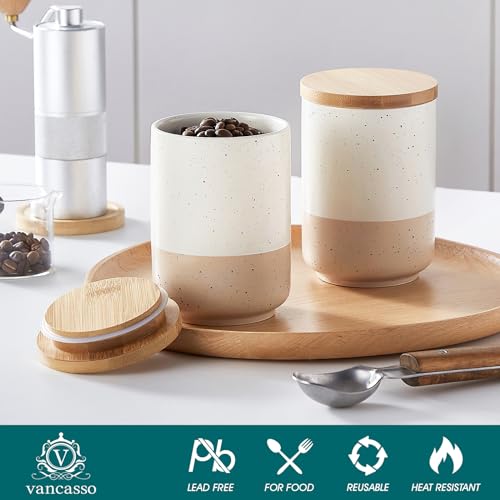 vancasso Sabine Ceramic Canister Set with Airtight Wood Lids - 3-Piece Kitchen Storage for Flour, Sugar, Coffee, Tea & Spices - Modern Countertop Decor