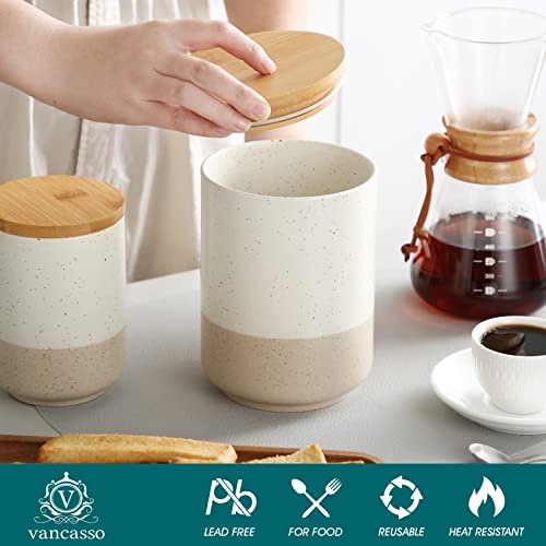 vancasso Sabine Ceramic Canister Set with Airtight Wood Lids - 3-Piece Kitchen Storage for Flour, Sugar, Coffee, Tea & Spices - Modern Countertop Decor