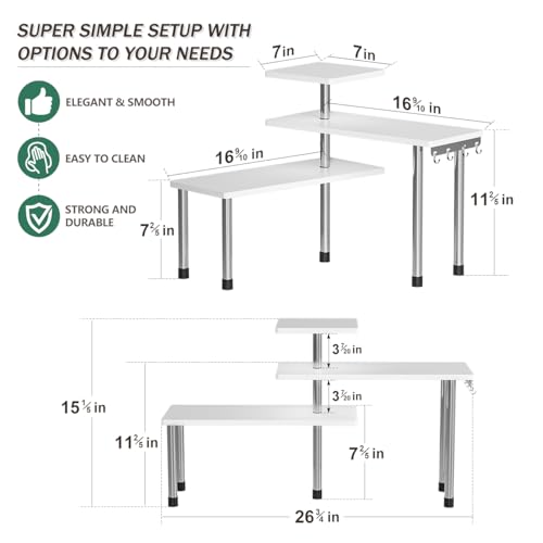 ZHWS Bathroom Counter Organizer Corner Countertop Shelf Adjustable 3 Tier Corner Shelf Kitchen Counter Organizer with 4 Metal Hooks for Bathroom Counter, Makeups, Dresser Table, Over Sink