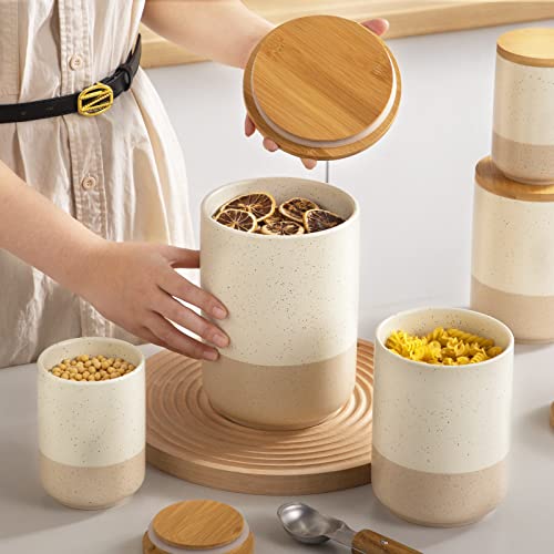 vancasso Sabine Ceramic Canister Set with Airtight Wood Lids - 3-Piece Kitchen Storage for Flour, Sugar, Coffee, Tea & Spices - Modern Countertop Decor