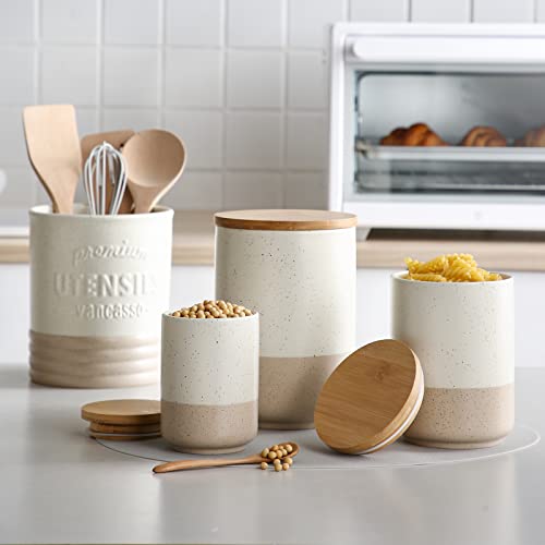 vancasso Sabine Ceramic Canister Set with Airtight Wood Lids - 3-Piece Kitchen Storage for Flour, Sugar, Coffee, Tea & Spices - Modern Countertop Decor