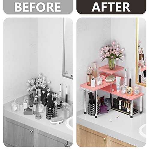 ZHWS Bathroom Counter Organizer Corner Countertop Shelf Adjustable 3 Tier Corner Shelf Kitchen Counter Organizer with 4 Metal Hooks for Bathroom Counter, Makeups, Dresser Table, Over Sink