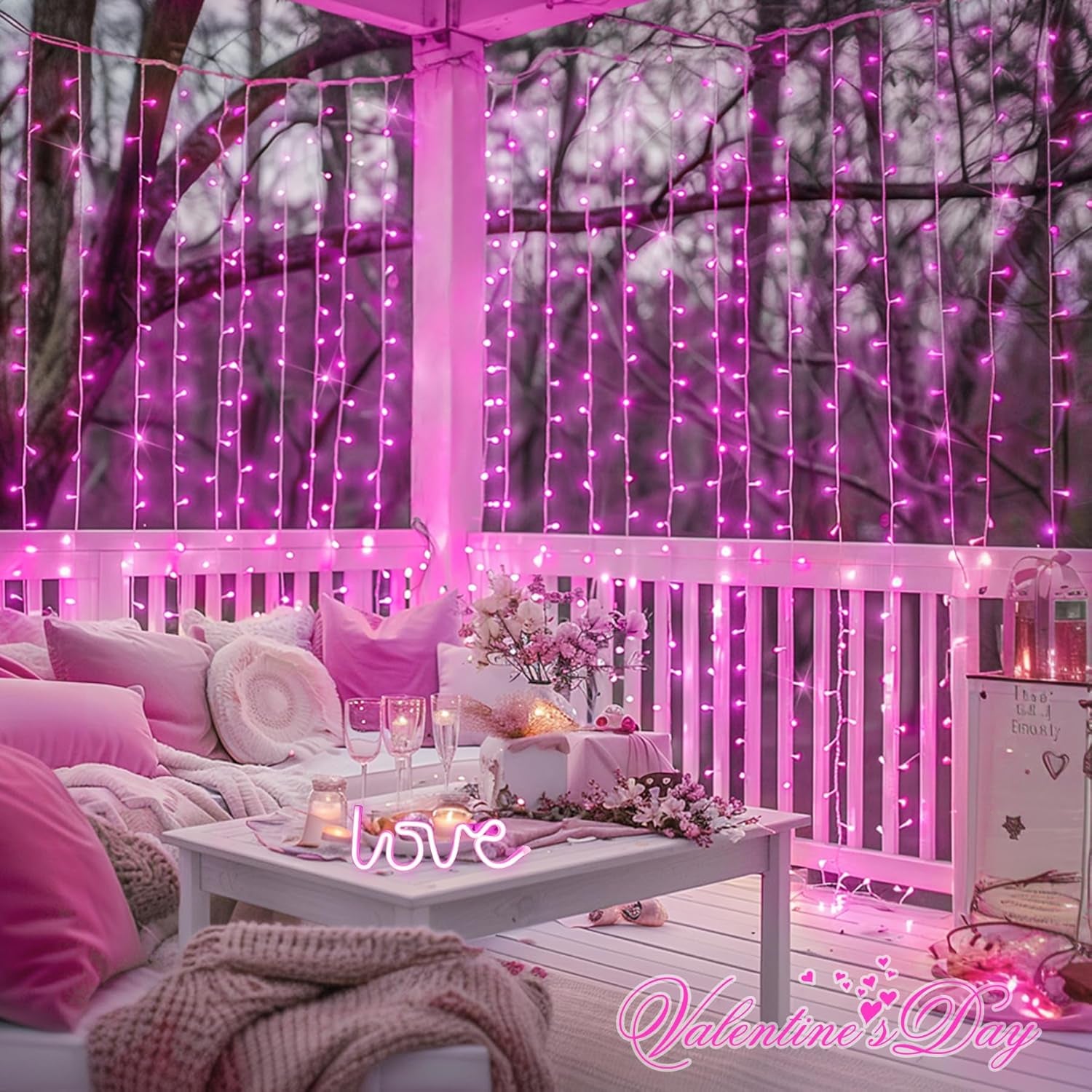 300 LED Pink Curtain Lights Plug in with Remote, 9.8X9.8Ft Pink Valentine Lights Lights Indoor, 8 Modes Christmas String Lights for Bedroom Window Wall Party Proposal Valentine'S Day Decor