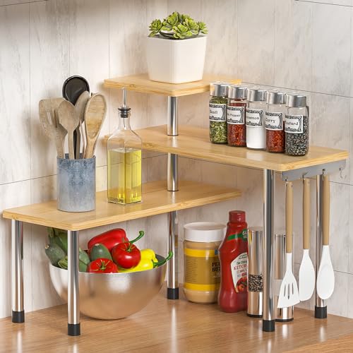 ZHWS Bathroom Counter Organizer Corner Countertop Shelf Adjustable 3 Tier Corner Shelf Kitchen Counter Organizer with 4 Metal Hooks for Bathroom Counter, Makeups, Dresser Table, Over Sink