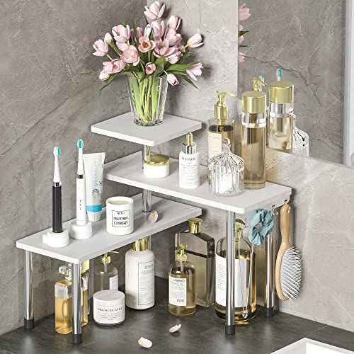 ZHWS Bathroom Counter Organizer Corner Countertop Shelf Adjustable 3 Tier Corner Shelf Kitchen Counter Organizer with 4 Metal Hooks for Bathroom Counter, Makeups, Dresser Table, Over Sink