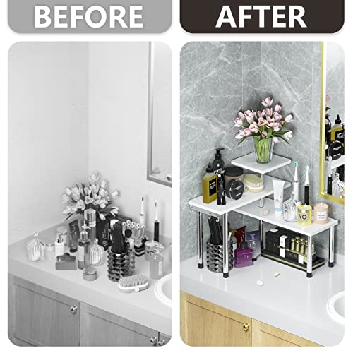 ZHWS Bathroom Counter Organizer Corner Countertop Shelf Adjustable 3 Tier Corner Shelf Kitchen Counter Organizer with 4 Metal Hooks for Bathroom Counter, Makeups, Dresser Table, Over Sink