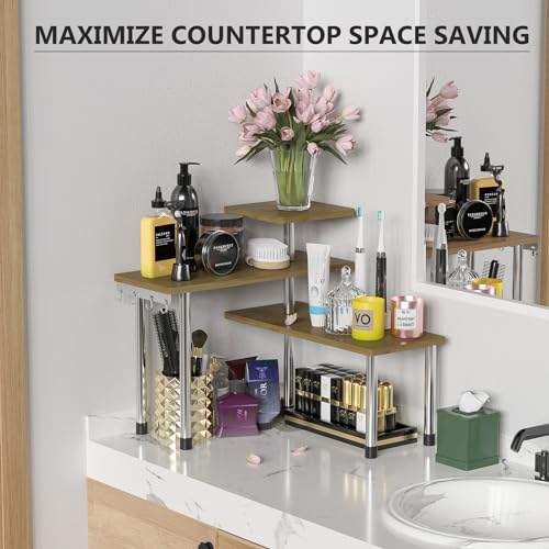 ZHWS Bathroom Counter Organizer Corner Countertop Shelf Adjustable 3 Tier Corner Shelf Kitchen Counter Organizer with 4 Metal Hooks for Bathroom Counter, Makeups, Dresser Table, Over Sink