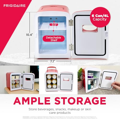 Frigidaire Red Mini Personal Fridge Cooler, 1 Gal Capacity fits Six Cans, Includes Plugs for Home Outlet & DC Charger - 9.84" D x 7.09" W x 10.35" H