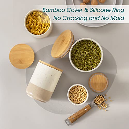 vancasso Sabine Ceramic Canister Set with Airtight Wood Lids - 3-Piece Kitchen Storage for Flour, Sugar, Coffee, Tea & Spices - Modern Countertop Decor