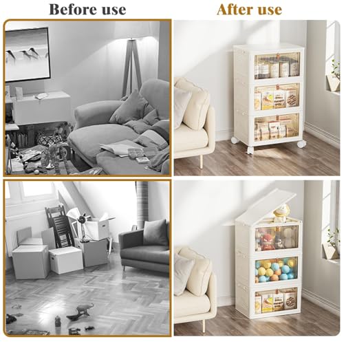 4 Tier Plastic Storage Bins with Lid 23QT, Stackable Storage Containers with Wheels, Folding Storage Boxes, Stackable Storage Bins, Closet Organizers and Storage for Living Room,Office,Dorm