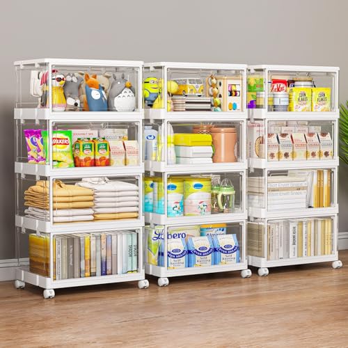 4 Tier Plastic Storage Bins with Lid 23QT, Stackable Storage Containers with Wheels, Folding Storage Boxes, Stackable Storage Bins, Closet Organizers and Storage for Living Room,Office,Dorm