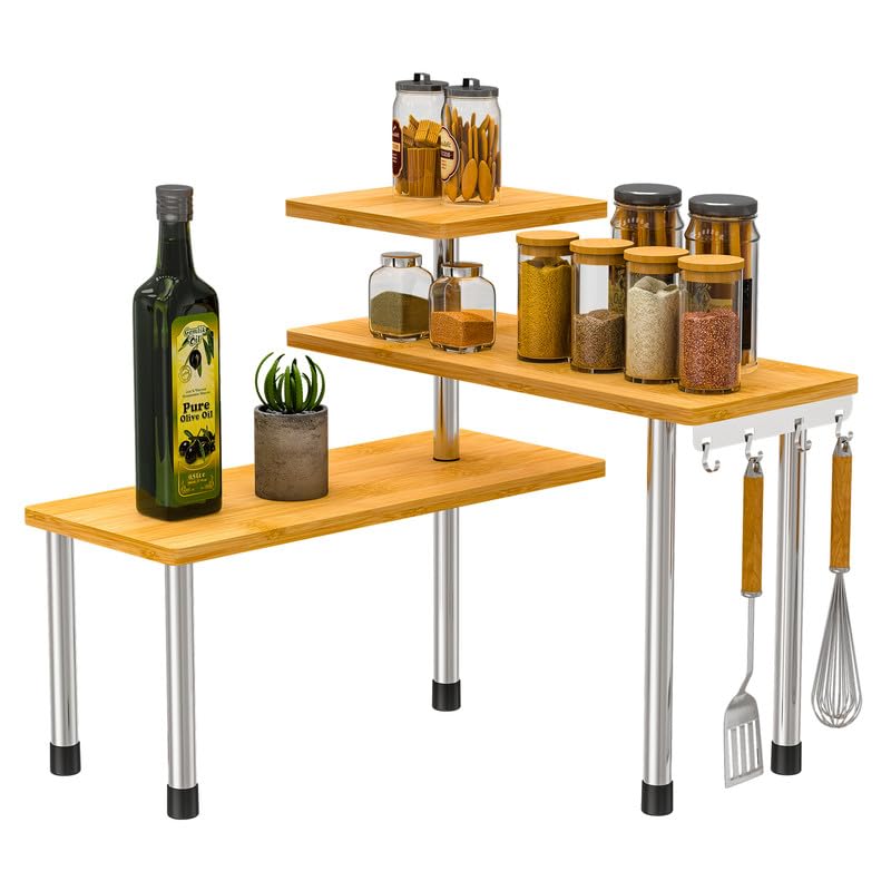 ZHWS Bathroom Counter Organizer Corner Countertop Shelf Adjustable 3 Tier Corner Shelf Kitchen Counter Organizer with 4 Metal Hooks for Bathroom Counter, Makeups, Dresser Table, Over Sink