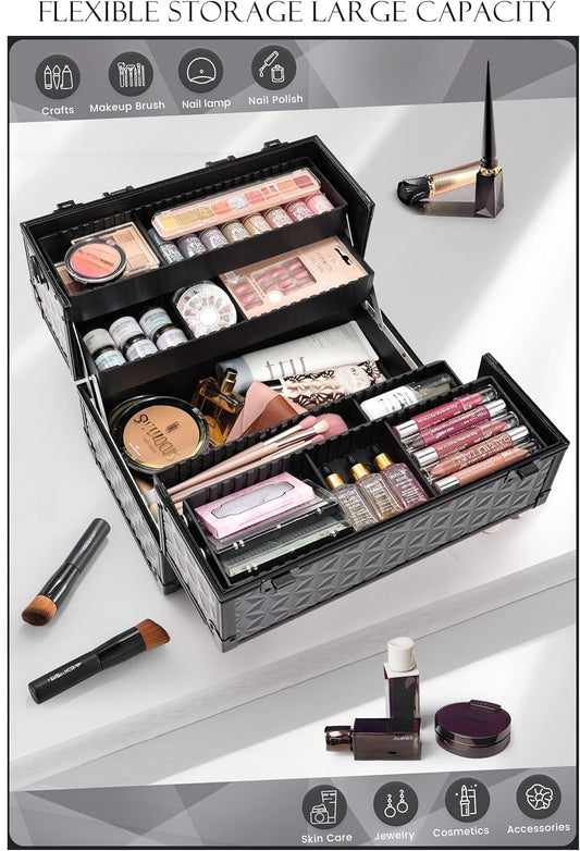 Makeup Train Case Professional Cosmetic Organizer Aluminum Storage Box with 4 Adjustable Dividers Trays Lockable Portable with Shoulder Strap
