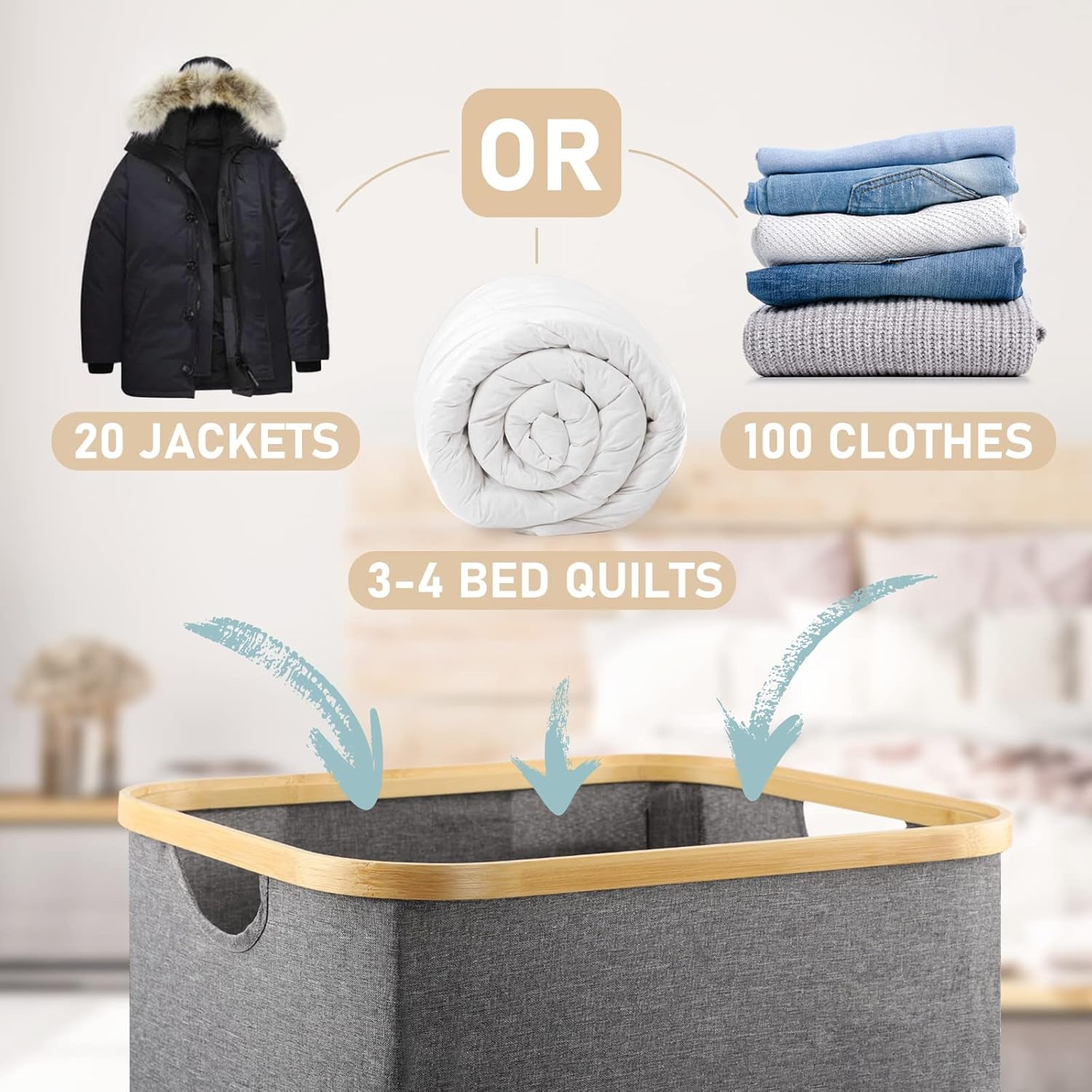 Gallelife Laundry Basket, Tall Laundry Hamper with Handle, 105 Liters Large Hampers, Collapsible Laundry Baskets for Bedroom, Laundry Bin for Bathroom, Laundry Room Gray 2 Pack