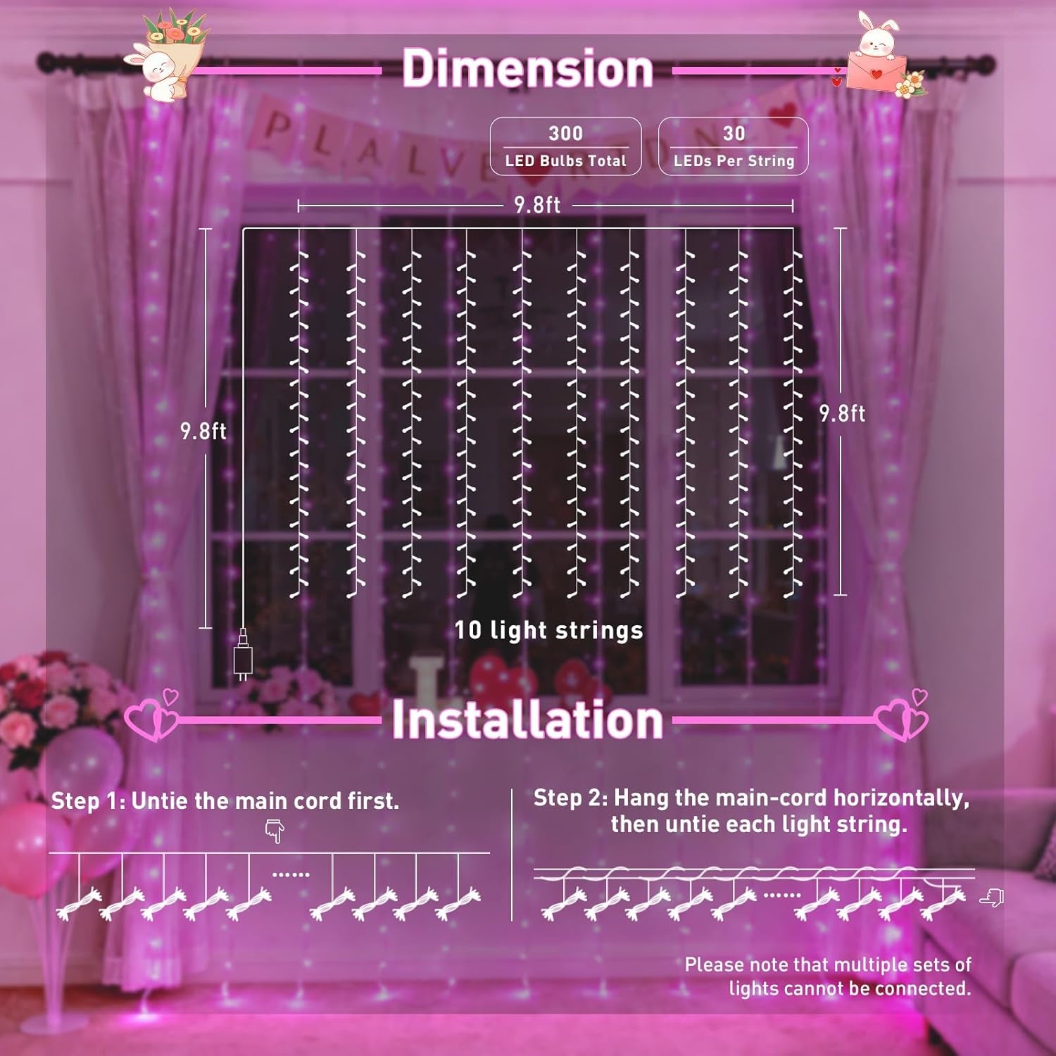 300 LED Pink Curtain Lights Plug in with Remote, 9.8X9.8Ft Pink Valentine Lights Lights Indoor, 8 Modes Christmas String Lights for Bedroom Window Wall Party Proposal Valentine'S Day Decor