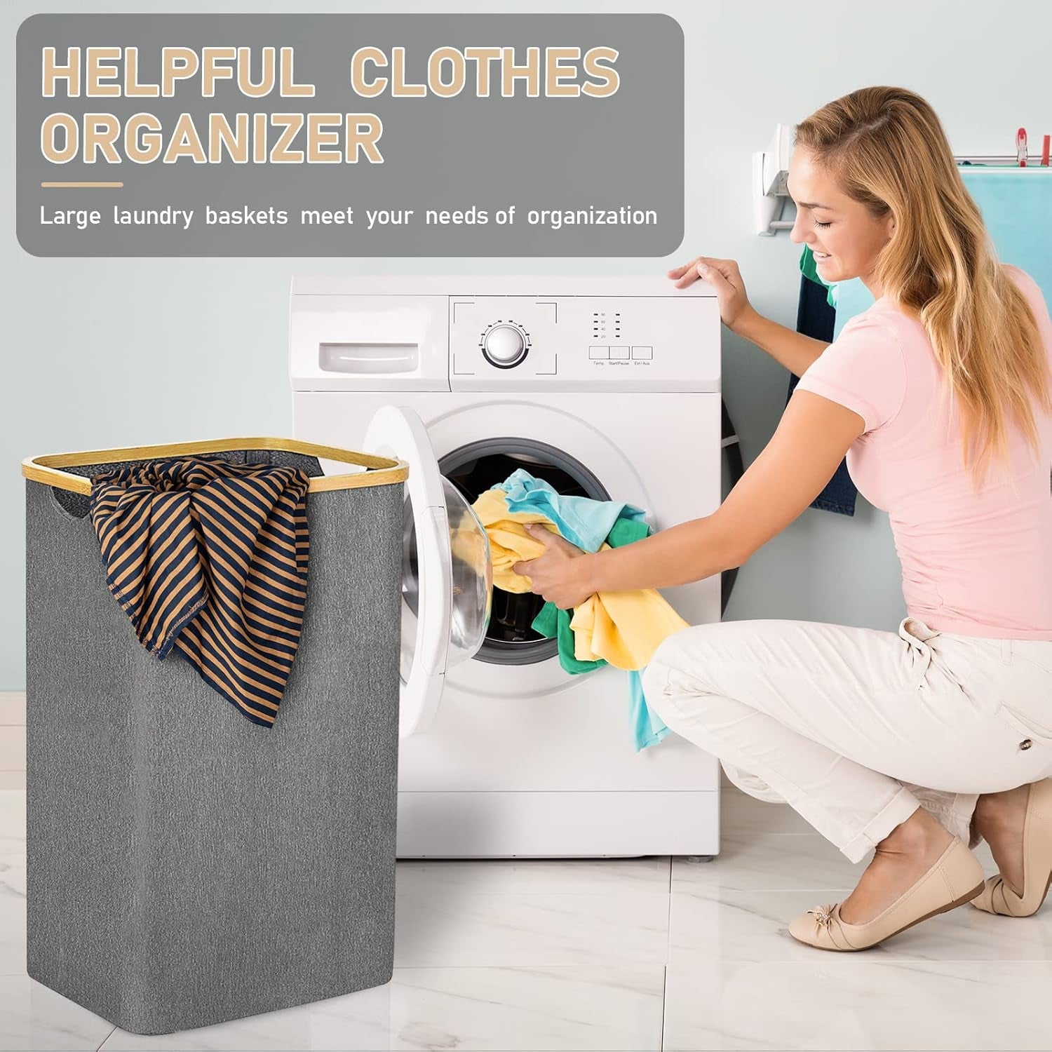 Gallelife Laundry Basket, Tall Laundry Hamper with Handle, 105 Liters Large Hampers, Collapsible Laundry Baskets for Bedroom, Laundry Bin for Bathroom, Laundry Room Gray 2 Pack