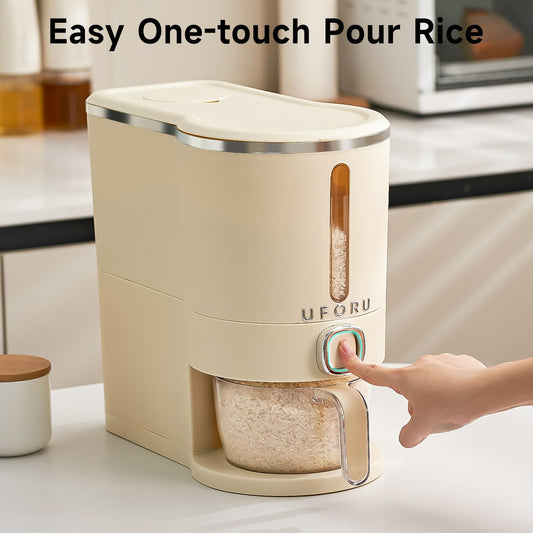 UFORU Rice Dispenser, Rice Storage Container with Measuring Cup for Kitchen Pantry Household, Cereal Dry Food Storage Containers Airtight, Sealed Moisture Proof, 11 Lbs