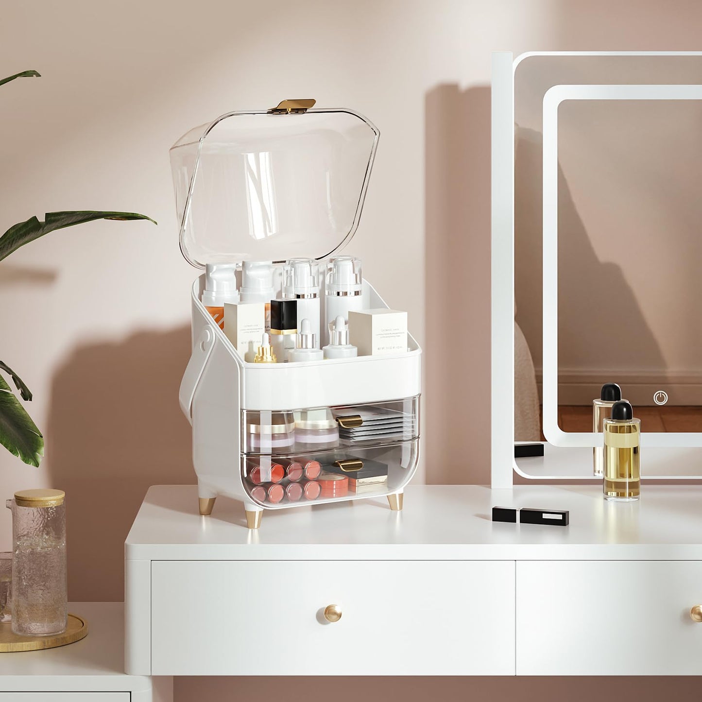 Delamu Makeup Organizer for Vanity, Skincare Organizer with Lid and Drawers, Bathroom Counter Organizer Perfume Makeup Storage, Large Cosmetic Display case for Dresser, Bathroom Countertop, White