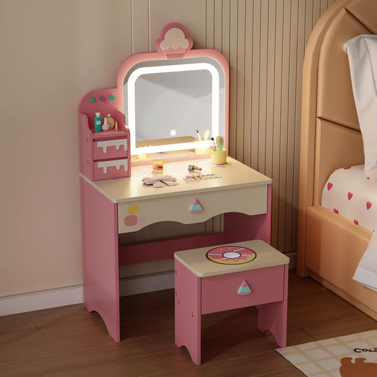 JOYMOR Kids Vanity with Lights, Dessert-Themed Vanity with Cloud-Like LED Light Strip & Drawer, Makeup Desk with Stool for Little Girls Ages 3-8 (Pink)